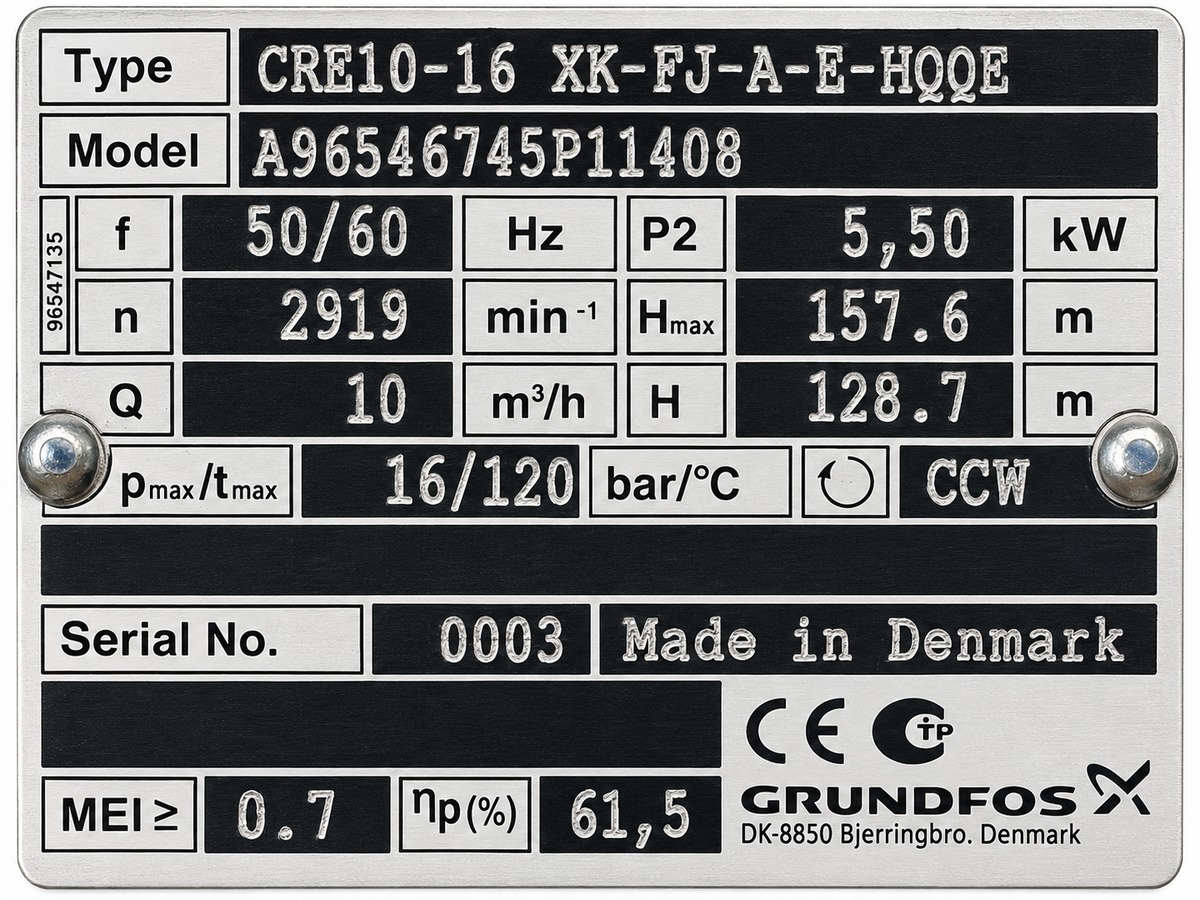 Пример шильдика насоса Grundfos для подбора запчастей